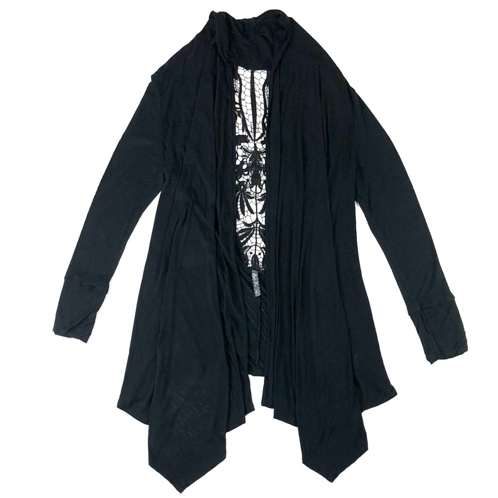 Style Biz Waterfall Drape Lace Back Black Cardigan